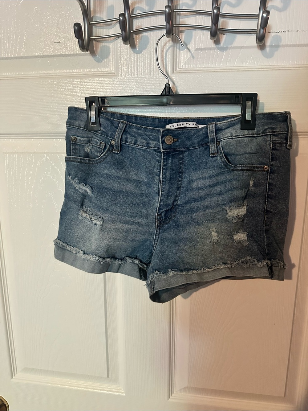 Celebrity Pink Rolled Hem Distressed Denim Shorts - Blue Wash